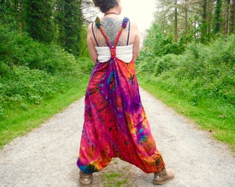 Tie Dye Harem Dungarees Hot Pink Rainbow Festival Jumpsuit Romper Onesie Hippy Overalls Baggy Comfy Unisex