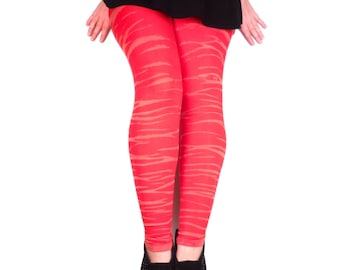 Neon Red Yoga Leggings Bleach Hand Dyed Zebra Patterned Tiger Stripe Women's Men's Unisex