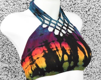 Tie Dye Knotted Lattice Boho Yoga Halter Neck Bikini Top - Black Rainbow Hand Dyed Bra Top