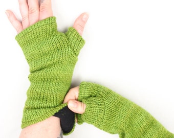 Chauffe-poignets verts doublés de polaire tricoté laine chauffe-mains unisexe Boho mitaines sans doigts