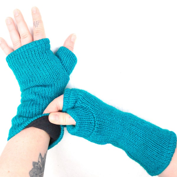 Chauffe-poignets turquoise Doublure polaire Tricoté Laine Chauffe-mains Unisexe Boho Fingerless Mitten Gants