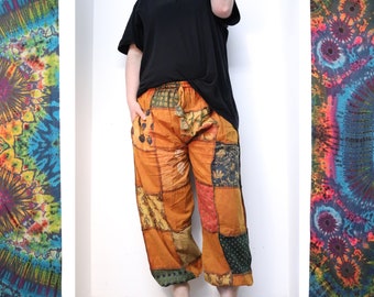 Orange Patchwork Trousers with Pockets and Elasticated Waist Hippie Festival Pants Unisex Loose Baggy Fit