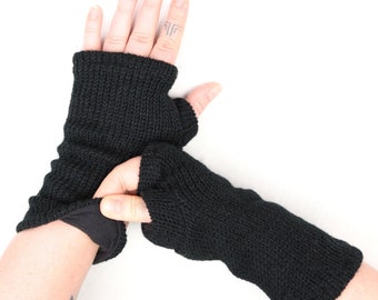 Black Wrist Warmers Fleece Lined Knitted Wool Hand Warmers Unisex Boho Fingerless Mitten Gloves