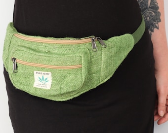 Green Hemp Bum Bag Woven Pocket Belt Bag Festival Boho Utility Zip Hip Bag Unisex Fanny Pack