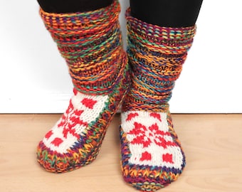 Chunky Wool Long Socks Hand Knitted Slipper Bed Boot Cosy Warm