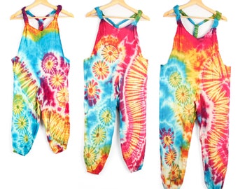 Children's Tie Dye Dungarees Bright Rainbow Overalls Age 3-4, 5-6, 7-8, 9-11, Hippie Romper Onesie Comfy Unisex All in One