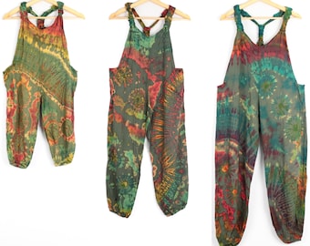 Children's Tie Dye Dungarees Moss Green Rainbow Overalls Age 3-4, 5-6, 7-8, 9-11, Hippie Romper Onesie Comfy Unisex All in One