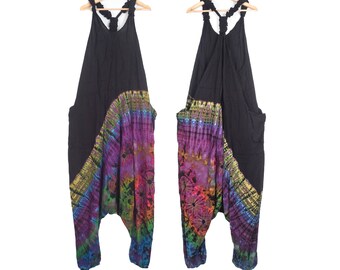 Tie Dye Dungarees Aqua Blue and Rainbow Boho Jumpsuit Loungewear Comfy Festival Romper Onesie by Bare Canvas