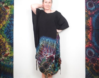 Long poncho d'été demi-noir tie-dye bleu arc-en-ciel bohème plage cache tunique robe de vacances d'été haut caftan festival par toile nue