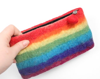 Rainbow Purse Felt with Pom Pom Zip Pencil Case, Clutch, Cosmetic Bag, Make up Bag, Cotton Lined Boho Wallet Festival Purse