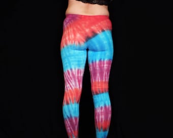 Hand Tie Dyed Yoga Leggings Blue Pink Women's Pants Men's Unisex Ladies Meggings Tie Dye Patterned Exercise Pants