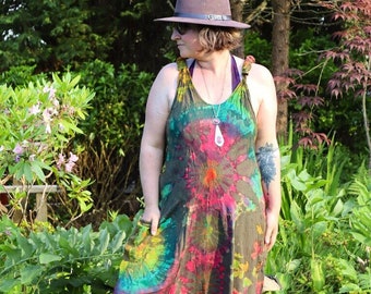 Khaki Brown / Green Rainbow Tie Dye Harem Bottom Dungarees Festival Jumpsuit Romper Onesie Hippy Overalls Baggy Comfy Unisex