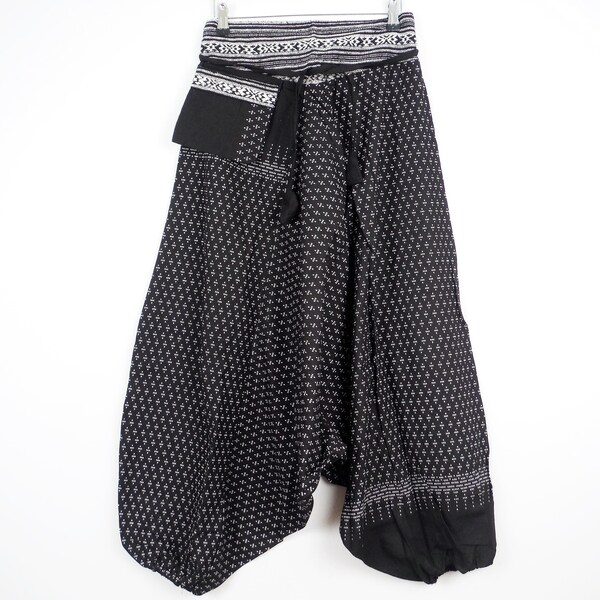 Pantalones harem negros estampados Pantalones Aladdin Thai Hill Tribe Tela Unisex Hombres Mujeres Damas