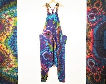 Tie Dye Dungarees Harem Bottom Mid Blue Rainbow Festival Jumpsuit Romper Onesie Hippy Overalls Baggy Comfy Unisex