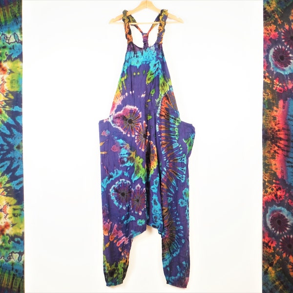 Tie Dye Dungarees Harem Bottom Mid Blue Rainbow Festival Jumpsuit Romper Onesie Hippy Overalls Baggy Comfy Unisex