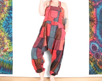 Patchwork Harem Dungarees Red Blue and Brown Cotton Festival Jumpsuit Romper Onesie with Pockets