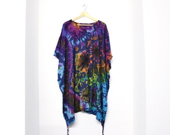 Tie Dye Poncho Indigo Blue Rainbow Boho Beach Cover Up Tunic Summer Holiday Dress Top Festival Kaftan by Bare Canvas