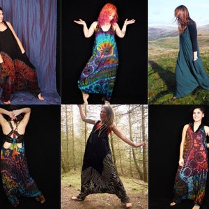 May include: Six different people wearing tie-dye jumpsuits in various colors and patterns. The jumpsuits are loose-fitting and have a relaxed, comfortable look.