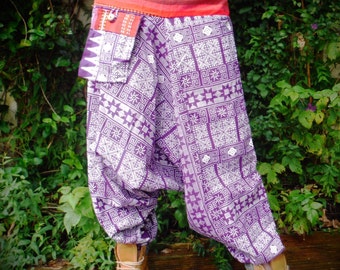 Purple Patterned Harem Pants Thai Hill Tribe Fabric Festival Trousers Unisex Men's Women's Ladies