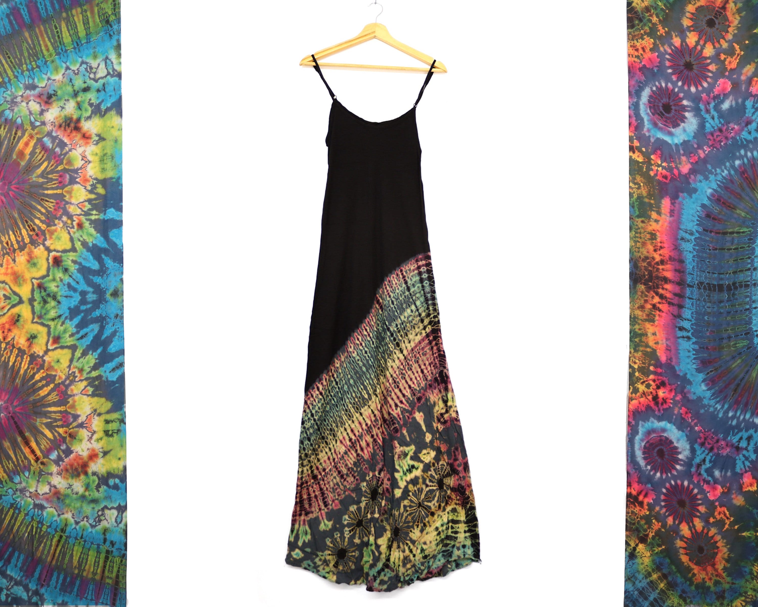 Black and Charcoal Tie Dye Boho Maxi Dress Summer Hippy