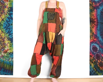 Patchwork Harem Dungarees Orange Green Yellow and Brown Cotton Festival Jumpsuit Romper Onesie with Pockets