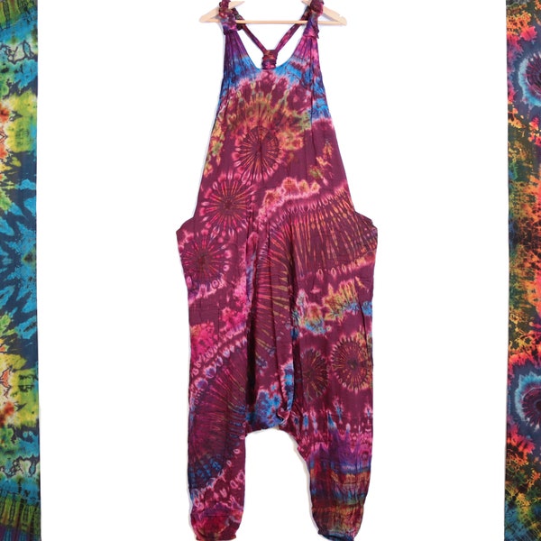 Tie Dye Jumpsuit Harem Bottom Festival Dungarees Prune Purple Romper Onesie Hippy Overalls Baggy Comfy Unisex