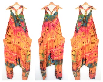 Harem Jumpsuit Dungarees Orange et Rainbow Tie dye Boho Unisexe Aladdin Onesie Baggy Playsuit Hommes Femmes