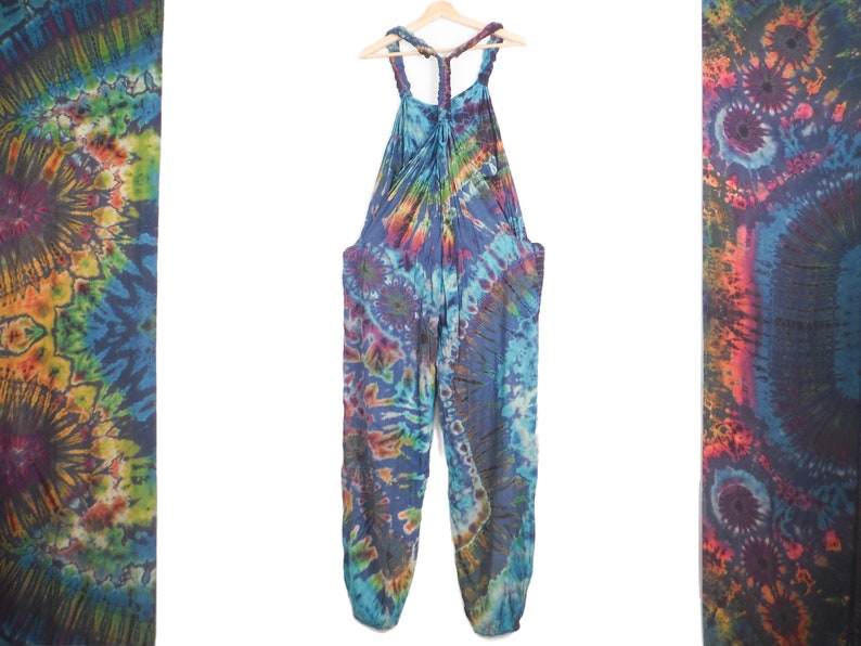 Tie Dye Dungarees Aqua Blue and Rainbow Boho Jumpsuit Loungewear Comfy Festival Romper Onesie by Bare Canvas