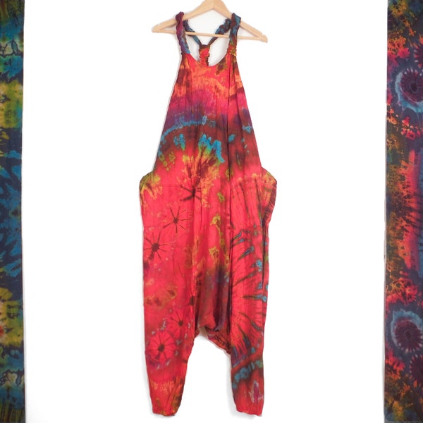 Harem Jumpsuit Dungarees Bright Red Tie dye Bohemian Unisex Aladdin Onesie Baggy Playsuit Men's Women's