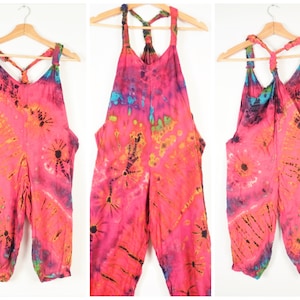 Children&#39;s Dungarees Pink Rainbow Tie Dye Overalls Age 3-4, 5-6, 7-8, 9-11, Hippie Romper Onesie Comfy Unisex All in One