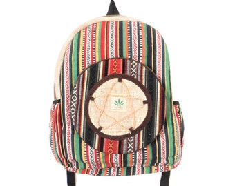 Hemp Sustainable Hand Woven Star Patterned Backpack Green and Red Laptop Rucksack Eco Festival Bag