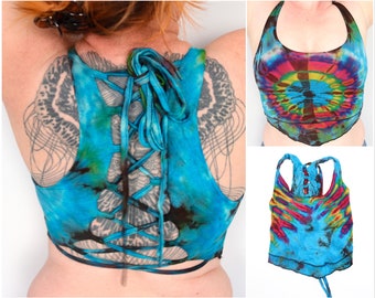 Tie Dye Lace-Up Back Crop Top Boho Yoga Vest - Aqua Blue Rainbow Hand Dyed Bra Top