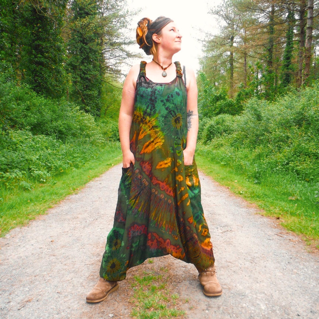 Green Rainbow Tie Dye Harem Bottom Dungarees Festival Jumpsuit - Etsy