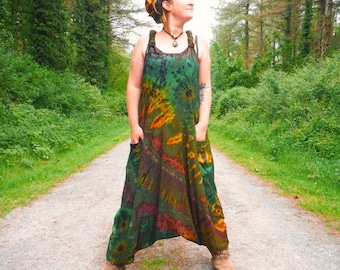 Green Rainbow Tie Dye Harem Bottom Dungarees Festival Jumpsuit Romper Onesie Hippy Overalls Baggy Comfy Unisex