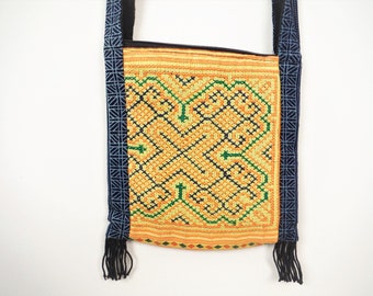 Hmong Cross Stitch Small Shoulder Bag Yellow Thai Boho Cross Body Hippy Festival Handbag Unisex