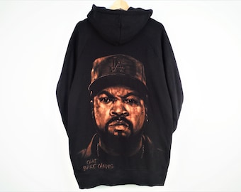 Hand Painted Ice Cube Portrait Hoodie Bleach Art XL Fair Trade Organic Cotton Zip Hoody NWA Hooded Jacket by Clare Herbert at Bare Canvas