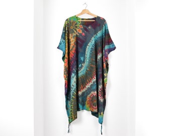 Short Summer Poncho Tie-Dye Charcoal Grey and Rainbow Boho Beach Cover Up Tunic Summer Holiday Dress Top Festival Kaftan by Bare Canvas