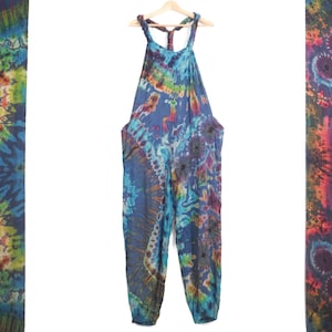 Tie Dye Dungarees Aqua Blue and Rainbow Boho Jumpsuit Loungewear Comfy Festival Romper Onesie by Bare Canvas
