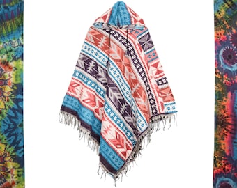 Hooded Fleece Poncho Warm Soft Blanket Fabric Cream Blue Purple and Red Aztec Unisex Boho Festival Tassel Top
