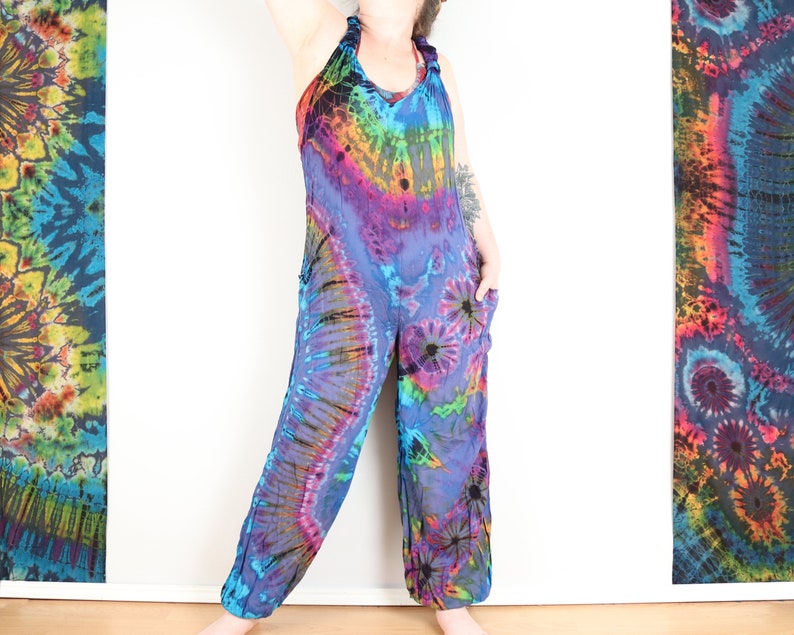 Tie Dye Dungarees Aqua Blue and Rainbow Boho Jumpsuit Loungewear Comfy Festival Romper Onesie by Bare Canvas