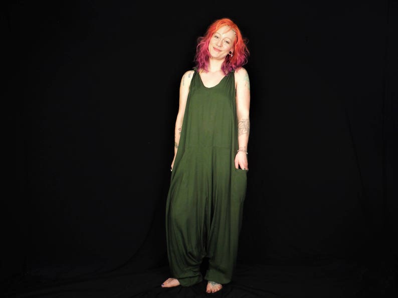 Moss Green Harem Onesie Aladdin Dungarees Boho Jumpsuit Unisex Baggy Playsuit Men's Women's image 1