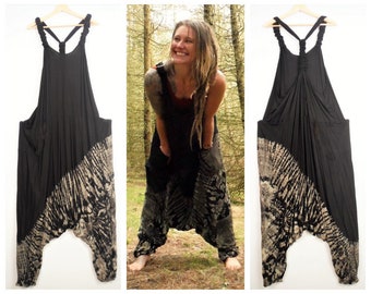 Tie Dye Harem Jumpsuit Monochrome Festival Dungarees Comfy Overalls Black and White Romper Onesie by Bare Canvas Clothing