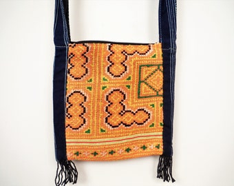 Small Cross Stitch Hmong Shoulder Bag Orange Thai Boho Cross Body Hippy Festival Handbag Unisex