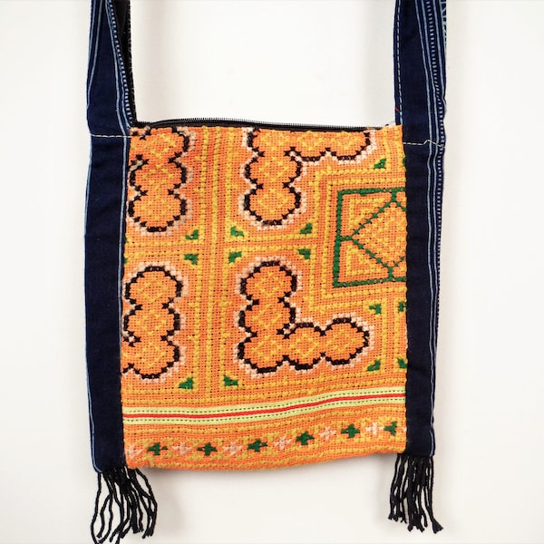 Kleine Cross Stitch Hmong schoudertas oranje Thaise Boho Cross Body hippie Festival handtas Unisex