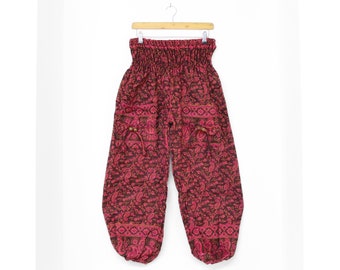 Paisley Blanket Pants Pink and Burgundy Boho Fleece Fabric Elastic Waist Comfy Aladdin Trousers Men's Women's Ladies