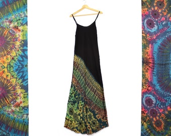 Black and Forest Green Tie Dye Boho Maxi Dress Summer Hippy Festival Gothic Dress Bohemian Hippie Holiday Dress