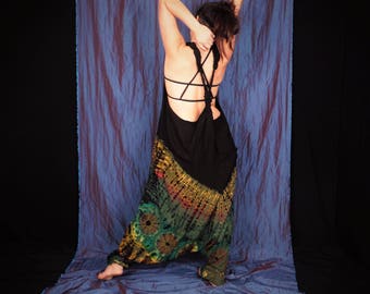 Harem Jumpsuit Dungarees Black and Moss Green Tie Dye Festival Harem Jumpsuit Hippy Romper Boho Onesie Playsuit