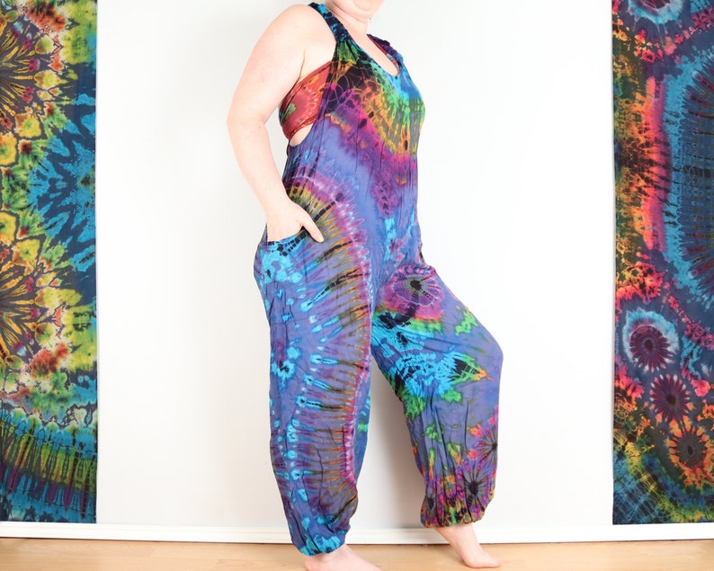 Tie Dye Dungarees Aqua Blue and Rainbow Boho Jumpsuit Loungewear Comfy Festival Romper Onesie by Bare Canvas
