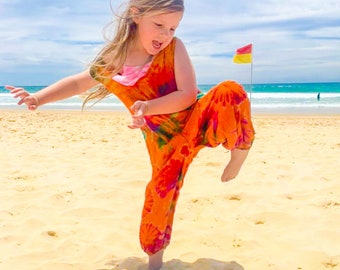 Children's Dungarees Bright Orange Rainbow Tie Dye Overalls Age 3-4, 5-6, 7-8, 9-11, Hippie Romper Onesie Comfy Unisex All in One