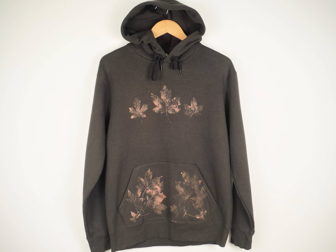 Estampado de hojas Lejía Sudadera con capucha teñida Gris carbón